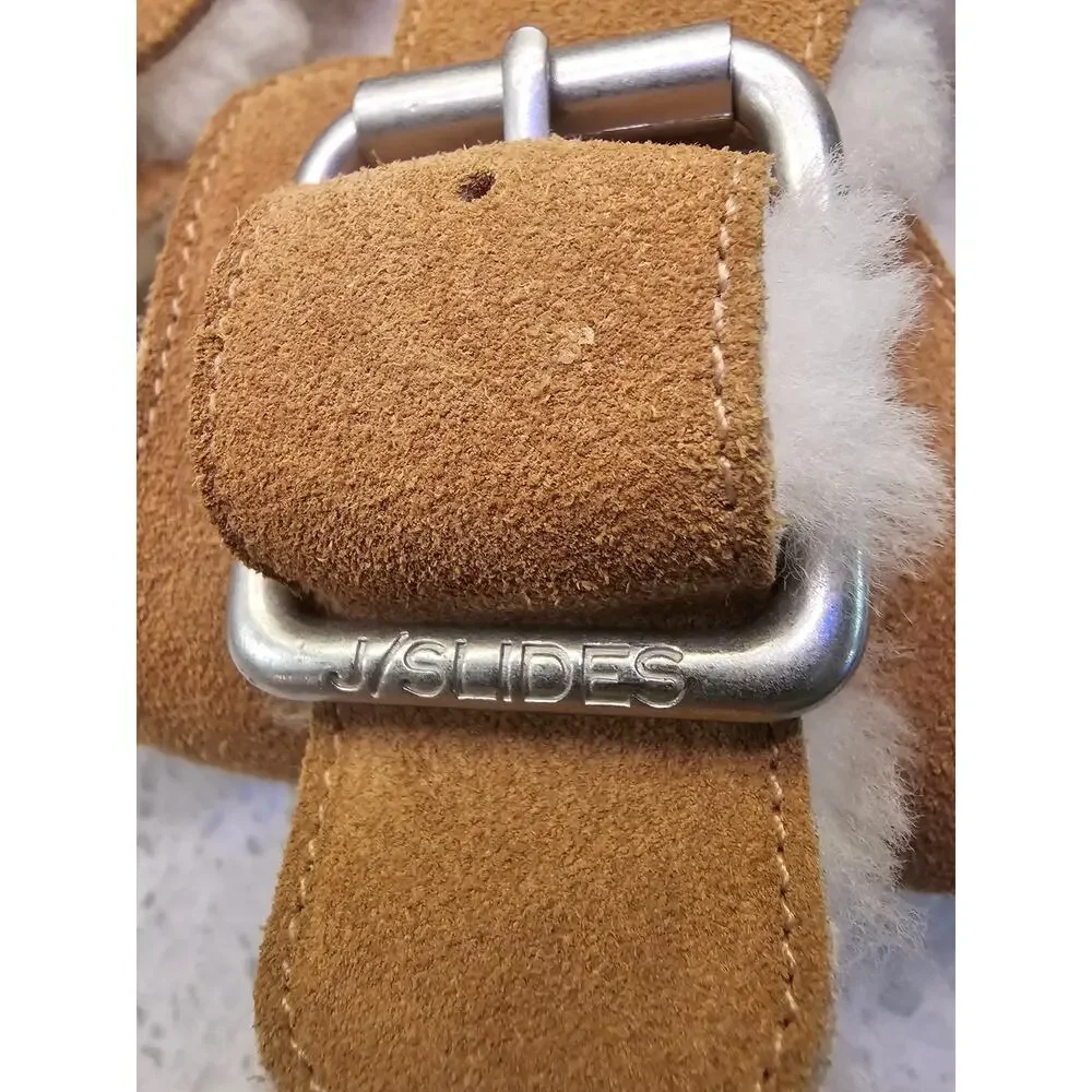 Anthropology J/Slides Lynx Cognac Suede Shearling Fur Lined Double Buckle Slides
